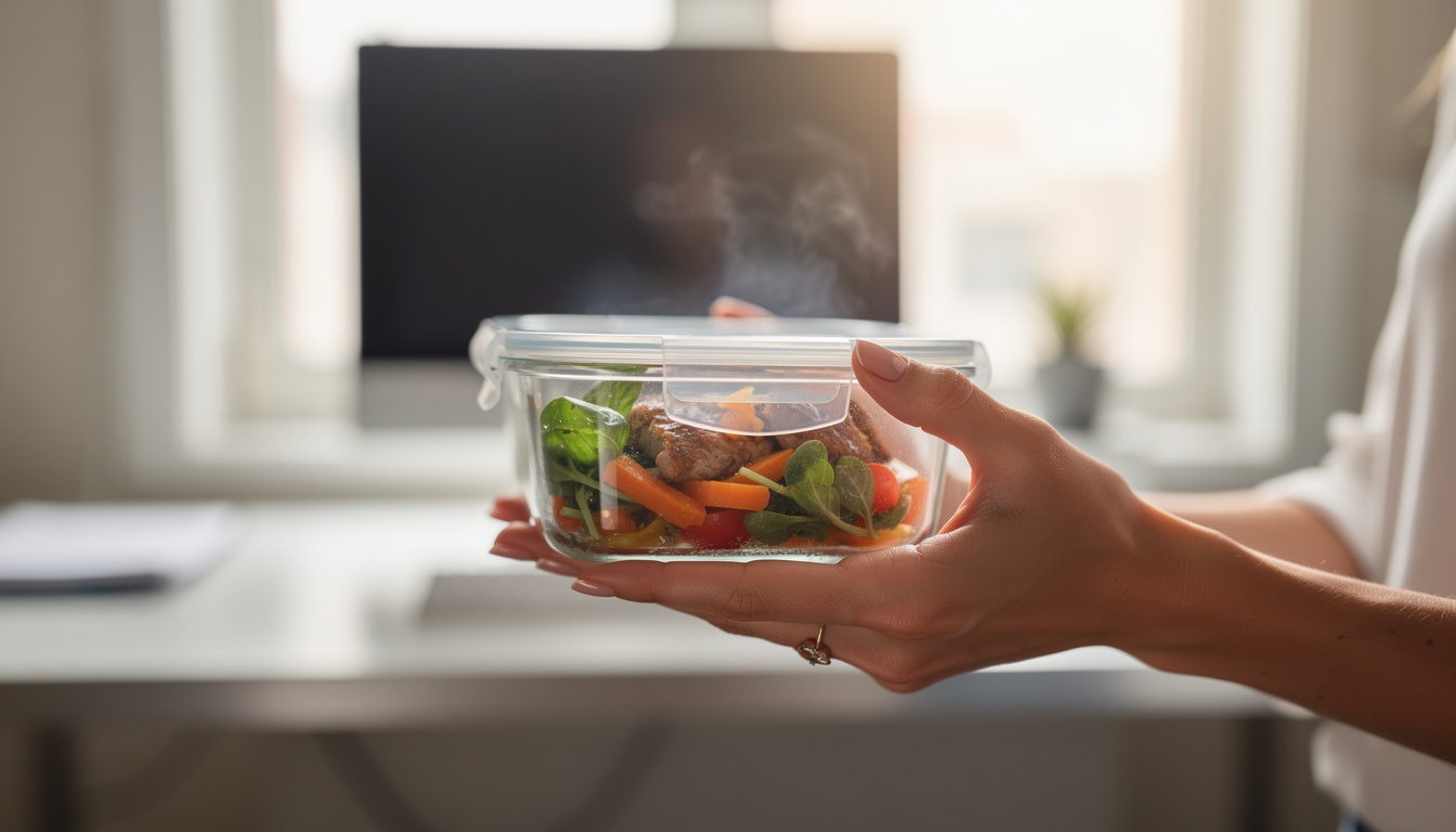 Ciepły obiad w szklanym pojemniku gotowy do spożycia o godzinie lunchu